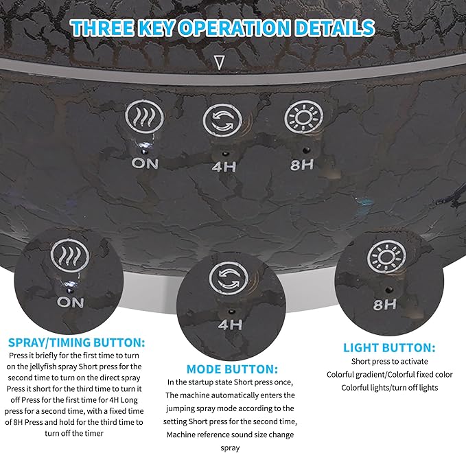 KCKJ Jellyfish Essential Oil Diffuser Sound-Activated Spray Dancing Jellyfish,250ml Aroma Air Diffuser, 3 Mist Modes & 7 Color Lights, Volcanic Lava Design for Home Bedroom(Black Crack)
