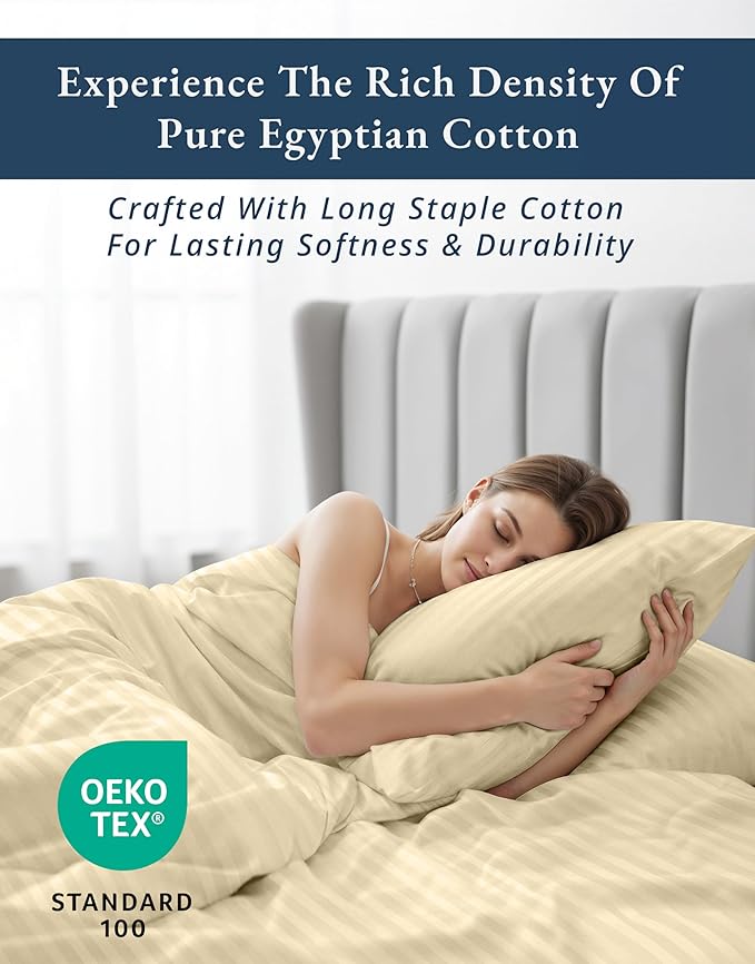 LANE LINEN Striped Sheets Set - 100% Egyptian Cotton 4 Piece Bed for Queen Size Hotel Bedding & Pillowcases 16" Deep Pocket (Fits Upto 17" Mattress) Ivory