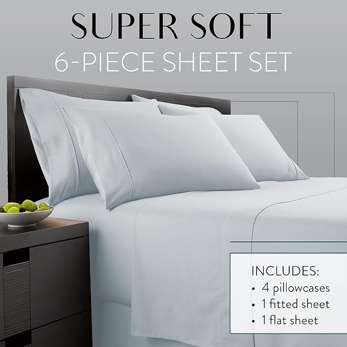 Danjor Linens Bed Sheet Set Full Size for Teens, Hotel Premium Sheets with 4 Pillowcases, Lightweight Brushed Microfiber Deep Pockets, Breathable Cooling 6 Piece Bedding Sets, Ice Blue