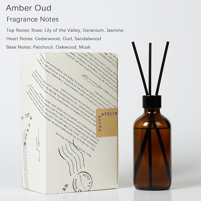 Aroma Reed Diffuser 6.7 Fl.oz Delicate Scent for Home Decor and Air Freshening Reed Scented Diffuser Home Decor Air Freshener for Bathroom Living Room Office (Amber Oud)