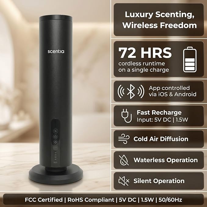 Scentia Wireless Waterless Hotel Scent Diffuser | Includes Premium USA-Made Oil Blend | App Controlled, Cordless | Home, Office, Spa, Aromatherapy | Covers 1500 Sq Ft | 72 Hrs in 1 Charging | Black