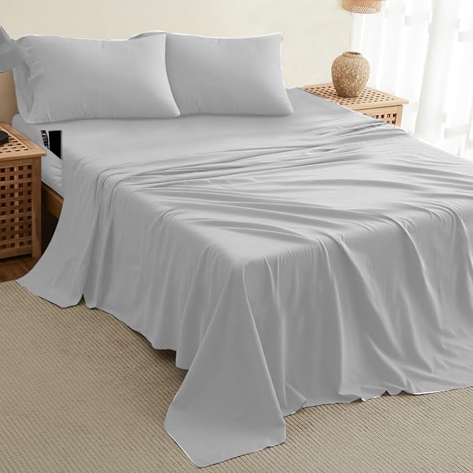 DREAMCARE Twin XL Sheet Sets - 4 pcs Breathable Cooling Bed Sheets - up to 15" Deep Pocket Twin XL Sheets Set with Side Pockets -Extra Soft 100% Brushed Hypoallergenic Hotel Luxury Bedding -Light Gray