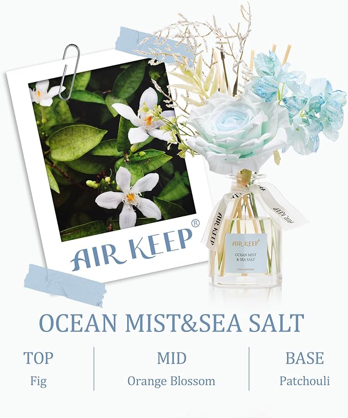 Airkeep Flower Reed Diffuser Set, Ocean Mist&Sea Salt Diffuser Gift Set,4.06 fl oz Essential Oil Sticks Diffusers for Bathroom Air Freshener, Aromatherapy Home Fragrance Shelf Decor, Gift for Women