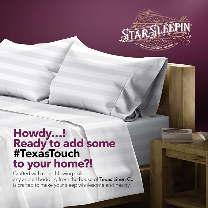 TEXAS LINEN CO. 100% Egyptian Cotton Sheets King Size Set - 1200 Series Star Sleepin' Damask Egyptian Cotton Luxury Sheets King Size (4 PC, White Stripe), 17" Deep Pocket, Sateen Hotel Bedding Set