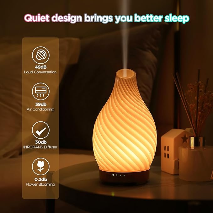 INRORANS Art Glass Essential Oil Diffuser - 160ml Ultrasonic Cool Mist Scent Aroma Aromatherapy Diffuser, Intermittent with Auto Shut-Off Timer Setting &7 Colors Night Light for Home -Ethereal Time