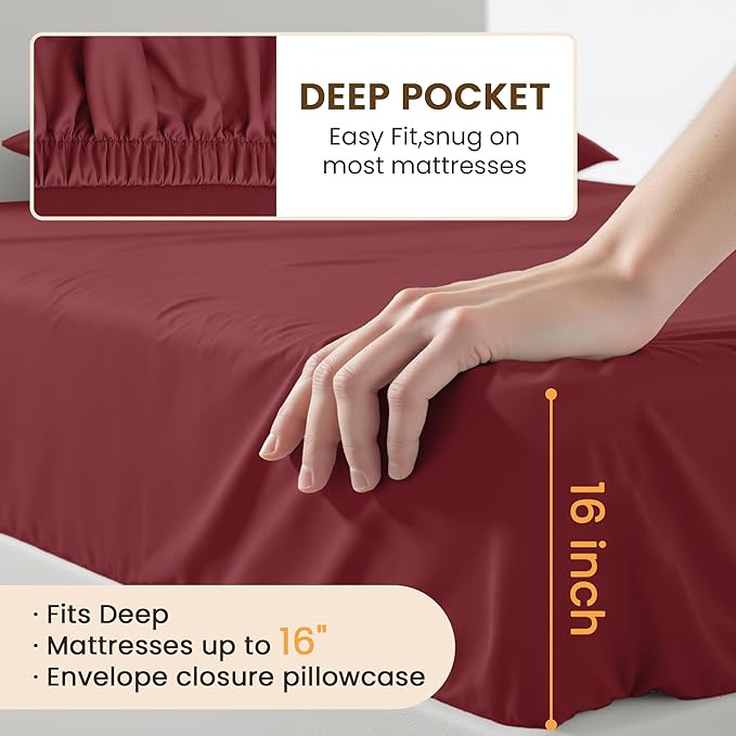 Queen Size 4 Piece Sheet Set - Comfy Breathable & Cooling Bed Sheets Set, Soft and Wrinkle Free, Deep Pockets, Easy & Secure Fit, Hotel Luxury Bedding for Women, Men - Oeko-Tex - Burgundy