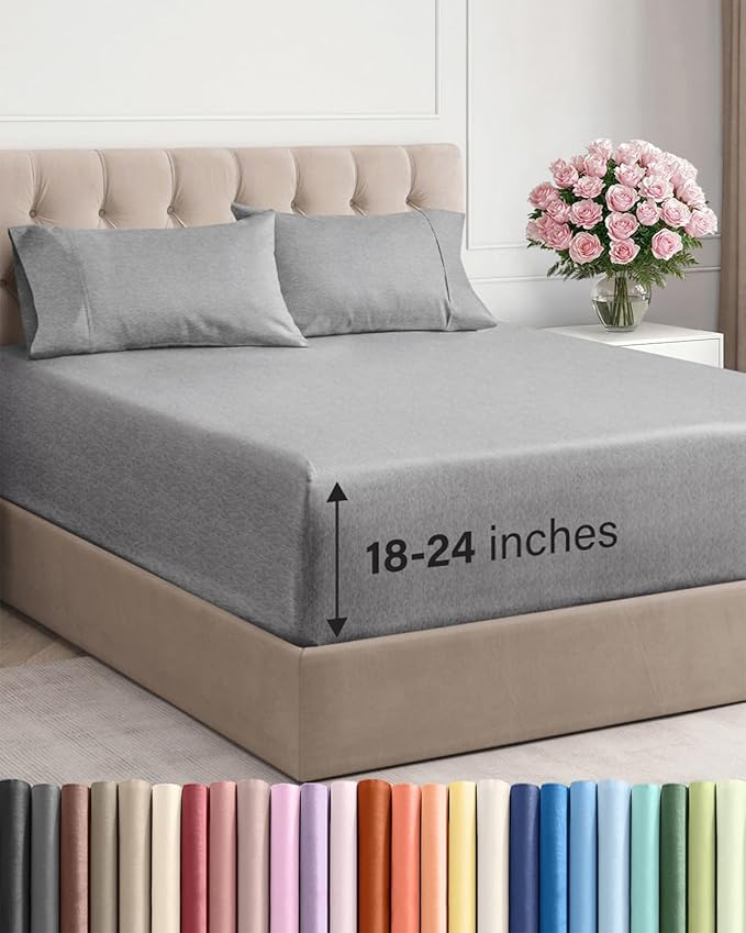 Extra Deep King Sheet Set - 4 Piece Breathable & Cooling Bed Sheets - Easily Fits 18 to 24 inch Mattress - Ultra Soft, Wrinkle & Fade Free w/ Extra Deep Pockets - Hotel Luxury Bedding - Heathered Grey