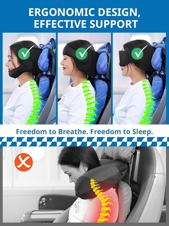 SARISUN Travel Pillow Combo with Chin Strap, Airplane Pillows with 3D Eye Mask for Sleeping, 360° Support Plane Head Strap for All Plane Seats, Long Flights Essentials, Stop Bobblehead, Pink