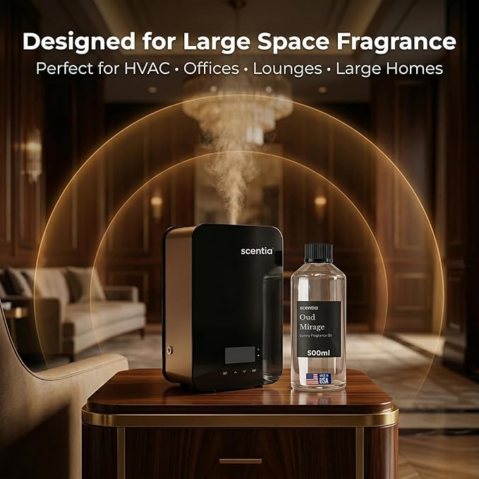Scentia Oud Mirage Fragrance Oil Refill for Diffusers – Luxury Spicy Woody Home Scent with Cardamom, Sandalwood, Patchouli & Tonka – Cold Air & HVAC Diffuser Oil for Large Spaces – 500 ml (16.9 fl oz)