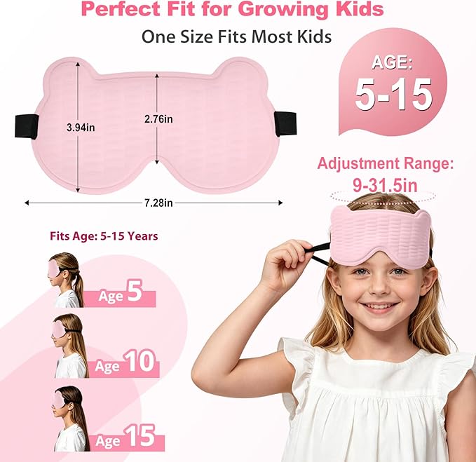 Kids Sleep Mask, 3D Sleep Mask for Kids with Adjustable Elastic Strap, Soft Comfortable Eye Mask for Children, Blackout Travel Kid Sleeping Mask for Ages 5-15 Boys Girls (Pink)