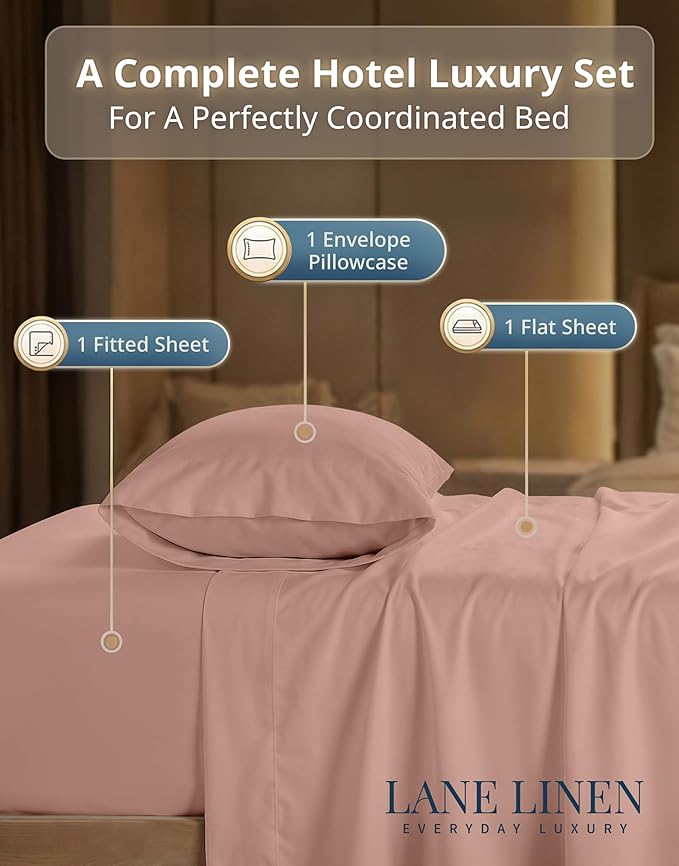 LANE LINEN Twin Sheets Set - 600 Thread Count Sateen Weave for Premium Feel - 100% Extra Soft Cotton Sheet Set - 15'' Deep Pocket for Snug Fit to Your Mattress - Oeko Tex Certified - Sepia Rose