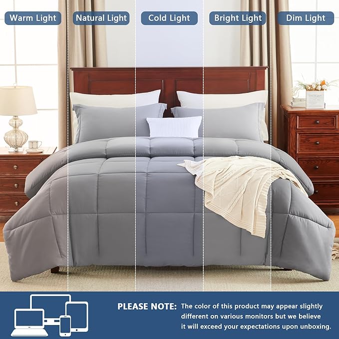 CozyLux Queen Comforter Set - Grey Comforters Queen Size, 3 Pieces Box Stitched Bed Set for All Seasons, Soft Lightweight Bedding Sets with 1 Down Alternative Comforter and 2 Pillow Shams