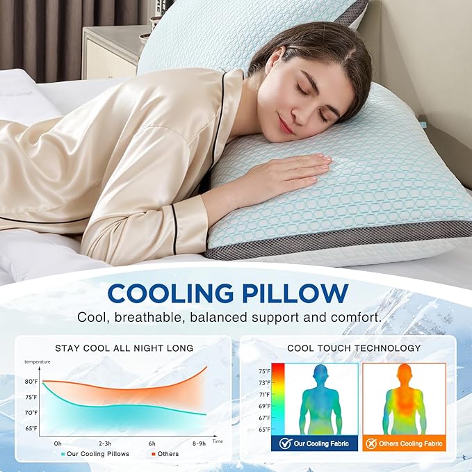 Cooling Pillows Queen Size Set of 2, Shredded Memory Foam Pillows 2 Pack, Bed Pillow for Hot Sleepers Adjustable Firm Pillow for Side, Back and Stomach Sleepers, Machine Washable