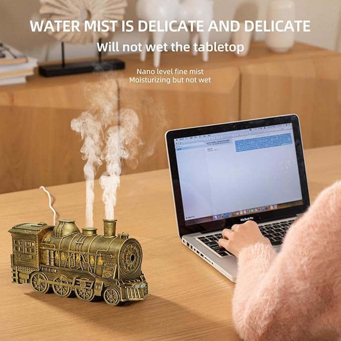 300ML Train Aromatherapy Essential Oil Diffuser, Vintage Diffuser with LED Light, 2 Mist Modes & Auto Shut-Off, Home Fragrance Decor for Bedroom, Office & Living Room, Gift for Adults (Bronze)