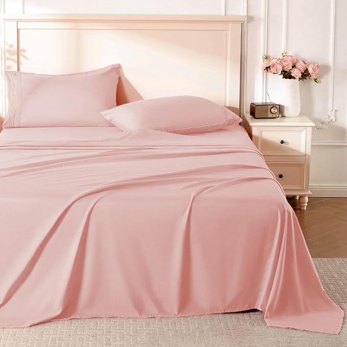 ROSE&RISY Pink King Sheet Set, 4 Pieces Soft Bedding King Sheet Set, Breathable and Cooling Sheet Bed Set,Includes 1 Fitted, 1 Flat, 2 Pillow Cases - Deep Pocket (Pink, King Size)