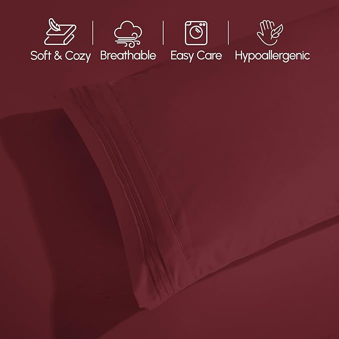 Elegant Comfort Luxurious 1500 Premium Hotel Quality Microfiber Three Line Embroidered Softest 5-Piece Bed Sheet Set, Wrinkle and Fade Resistant, Split King, Burgundy