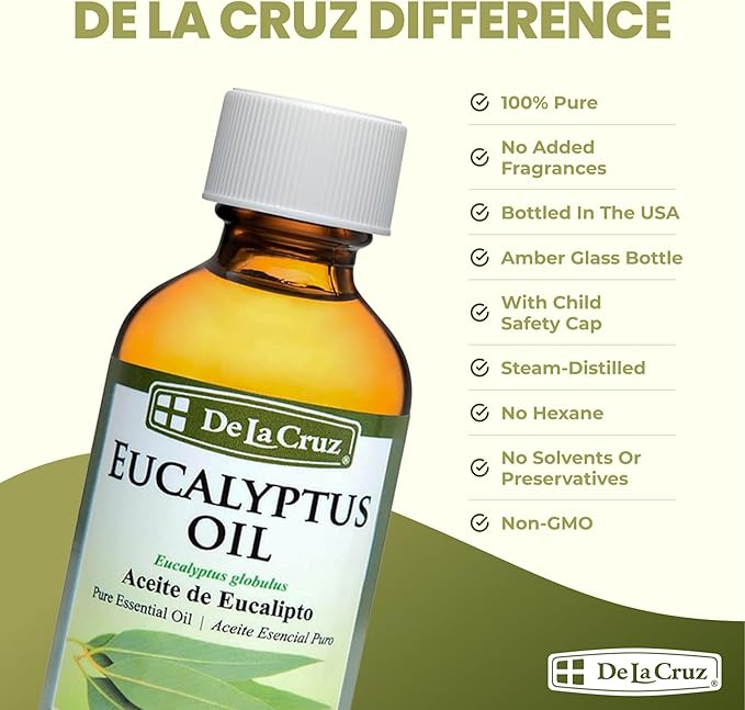 De La Cruz Eucalyptus Essential Oil Aromatherapy for Diffuser or Humidifier, 100% Pure Steam Distilled Eucalyptus Globulus 2 FL OZ (4 Bottles)