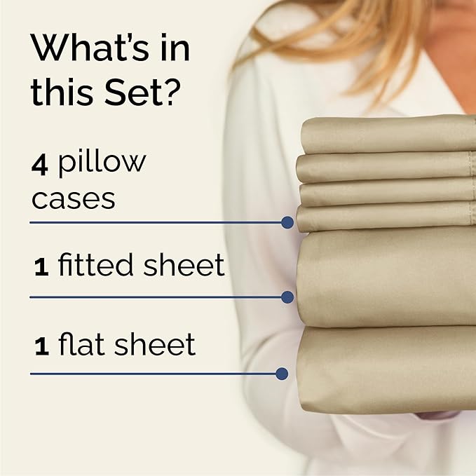 Queen 6 Piece Sheet Set - Comfy, Breathable & Cooling - Hotel Luxury Bedding for Women, Men, Kids, Teens and Children - 1 Flat & 1 Fitted Sheet & 4 Pillowcases w/ Deep Pockets - Wrinkle Free - Beige