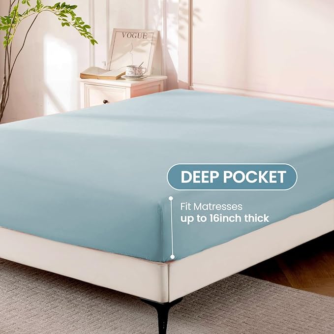 ROSE&RISY Light Blue Sheet Set, 4 Pieces Soft Bedding Queen Sheet Set, Breathable and Cooling,Includes 1 Fitted, 1 Flat, 2 Pillowcases - Deep Pocket (Light Blue, Queen)