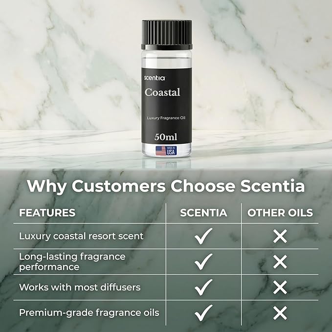 Scentia Coastal (Cabana) Hotel Scent Diffuser Oil – Luxury Fragrance Inspired by 5-Star Spa – 50 mL – Jasmine, Bergamot & Sea Breeze Essential Oil Blend for Home, Office & Aromatherapy Diffusers