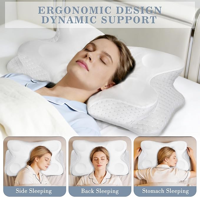 Cervical Neck Pillows for Sleeping & Pain Relief-Ergonomic Contour Memory Foam Pillow for Side/Back/Stomach Sleepers, 2 Heights with ICY Cooling White Silk Pillowcase - Gifts for Men & Women