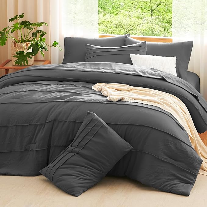 CozyLux Full Size Comforter Sets Dark Grey, 7 Pieces Soft Pinch Pleat Bed in a Bag Full Comforter Set with Sheets, Boho Bed Set with Down Alternative Comforter, Sheets, Pillowcases & Shams