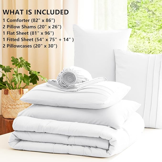 CozyLux Full Size Comforter Sets White, 7 Pieces Soft Pinch Pleat Bed in a Bag Full Comforter Set with Sheets, Boho Bed Set with Down Alternative Comforter, Sheets, Pillowcases & Shams