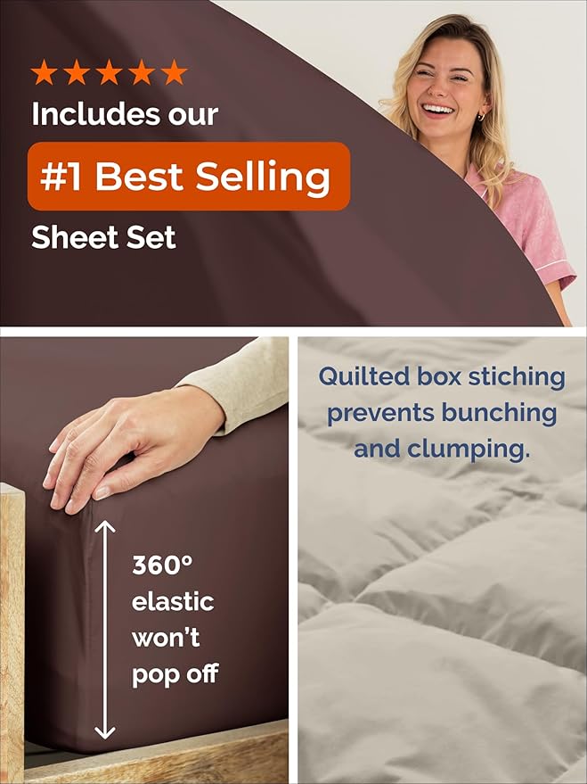 Twin Comforter Set - 2 Piece Bed Set for All Seasons - 1 Soft Quilted Comforter with Corner Tabs & 1 Pillow Sham - Comfy and Breathable - Premium Down Duvet Insert - Oeko-TEX - Twin Size, Brown/Beige