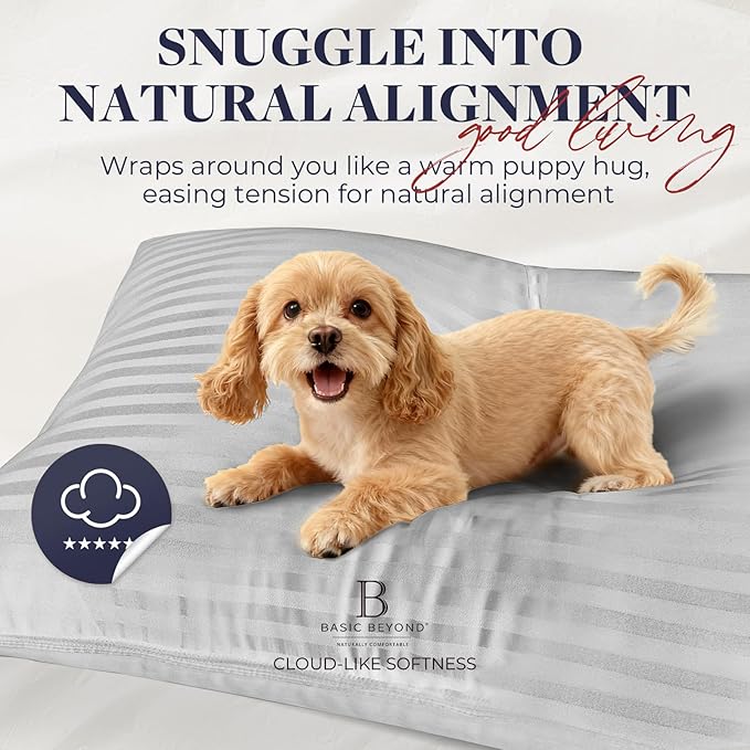 Basic Beyond Standard Size Pillows - Soft Down Alternative Pillows Standard Size Set of 2 for Back, Stomach or Side Sleepers, Silver, 20x26 Inches