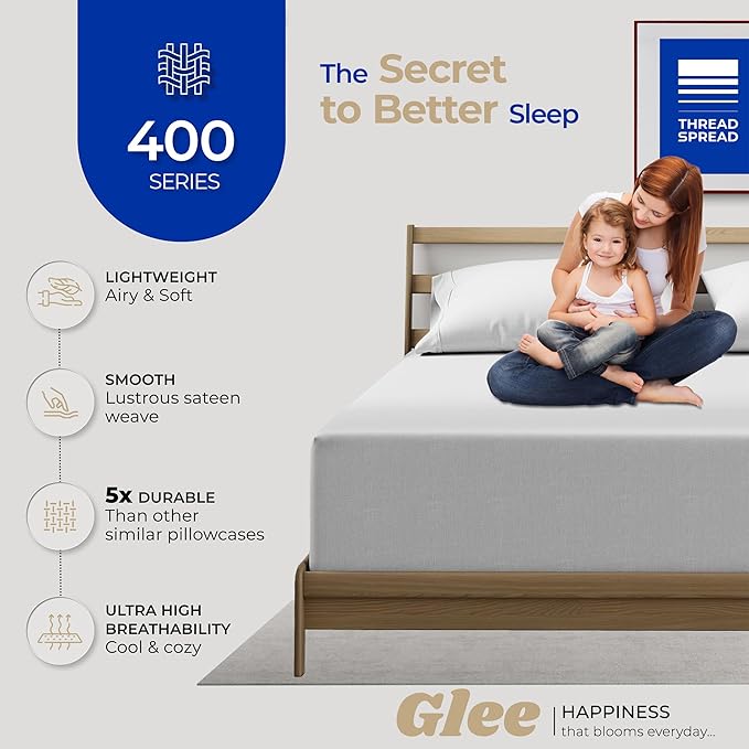 Thread Spread 100% Cotton Pillow Cases Queen Size Set of 2 - Luxury 400 Series Glee Collection Queen Pillow Cases (Silver Grey), Soft Cooling Breathable Hotel Cotton Pillowcases, Fits Standard Pillows