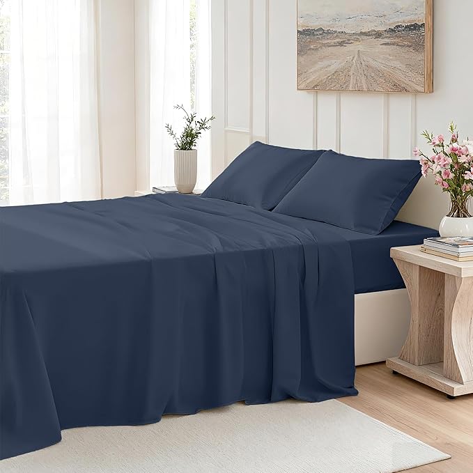 Twin Size 3 Piece Bed Sheet Set - Ultra Imitation Cotton-Premium Breathable & Cooling Sheets - Hotel Luxury Bed Sheets Deep Pocket up to 15"- Wrinkle, Fade, Stain Resistant (Navy Blue, Twin)