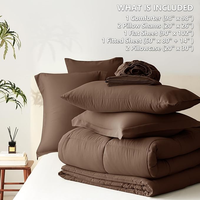 CozyLux Oversized Queen Comforter Sets Brown, 7 Pieces Bed in a Bag, 98x98 Box Stitched Design Bedding Set, All Season Soft Bed Set with Down Alternative Comforter, Sheets, Pillowcases & Shams