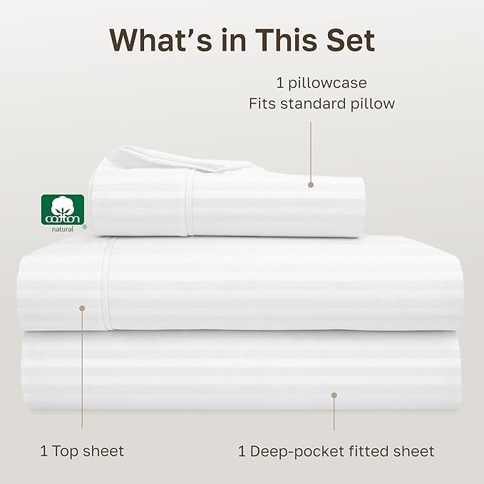 California Design Den Soft 100% Cotton Twin Sheet Set, 400 Thread Count Good Housekeeping Award Winner, Silky Smooth Sateen Weave, Breathable and Durable Cotton Bedding Set - Striped White