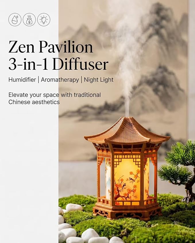 2-in-1 Aroma Diffuser & Night Light - Ultrasonic Essential Oil Diffuser & Cool Mist Humidifier with 2 Modes, Japanese Lantern Style Home Decor Diffuser for Bedroom, Office, Yoga (Dark Color)