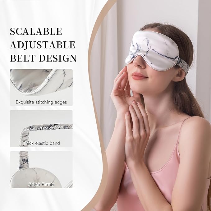 THXSILK Sleep Mask 100% 19 Momme Pure Mulberry Silk Super Smooth Cooling Decorative Sleep Eye Mask Blackout Eye Cover with Wide Head Strap, Marble-Grey