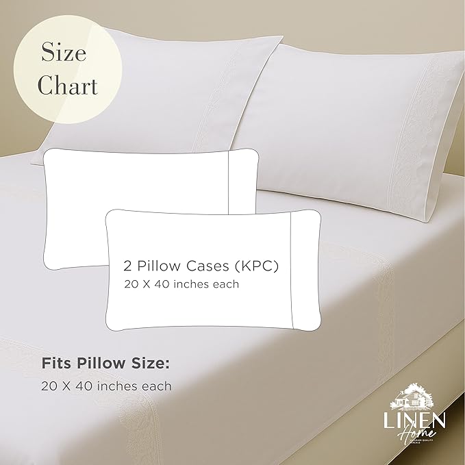 Linen Home 100% Cotton Percale Fluer Lace Pillowcases King Size, White, 2 Pieces of Pillow Case, Crisp and Cool Strong Bed Linen, 20 inches X 40 inches