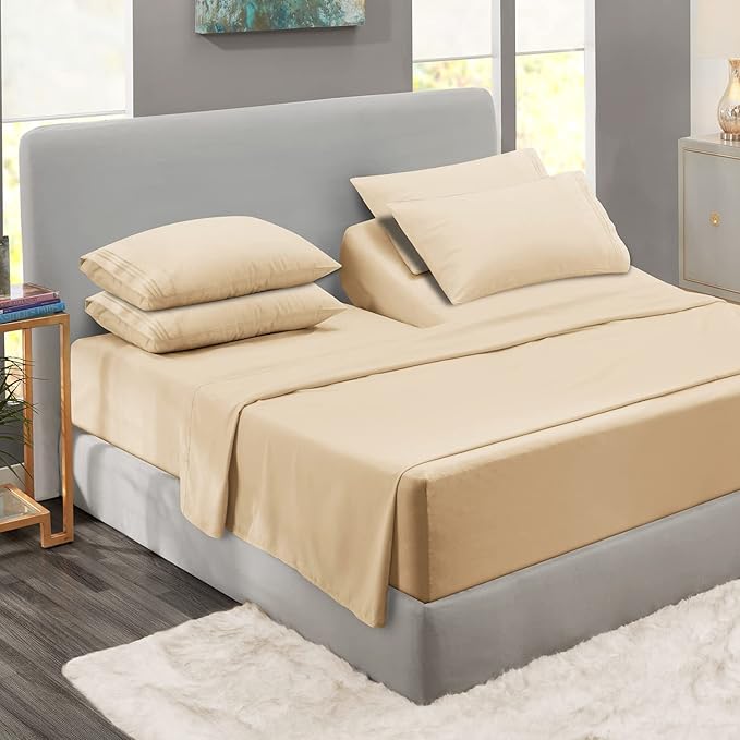 Clara Clark Flex Top King Sheets, 6 Piece Set - Hotel Luxury Sheets for Top Split King Bed, Super Soft Bedding Set, Head Split King Beige Cream