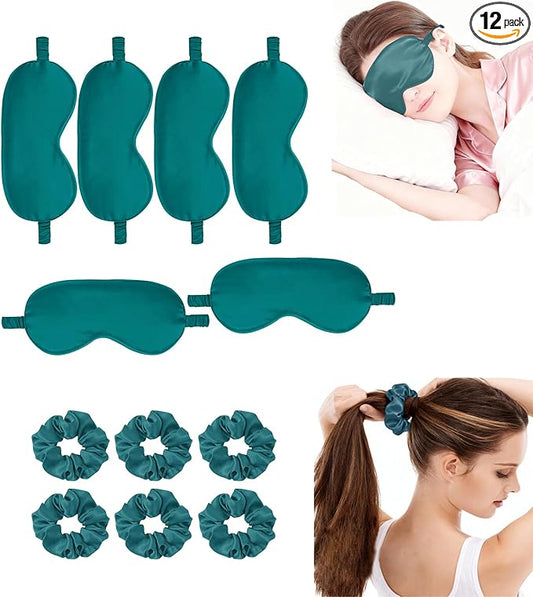 12Pcs Silk Sleep Masks Satin Eye Mask Silky Eyes Cover Blindfold Eyeshade Hair Ties Scrunchy Travel Bridesmaids Gifts
