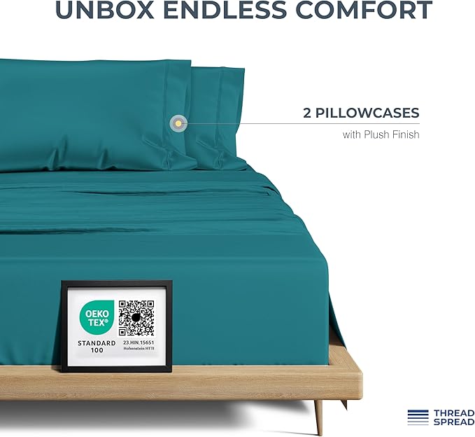THREAD SPREAD 100% Egyptian Cotton King Size Pillow Cases Set of 2 - Luxury 1500 Series Pillow Cases King Size (Teal), Soft Cooling Envelope Closure Hotel Quality Egyptian Cotton Pillowcases