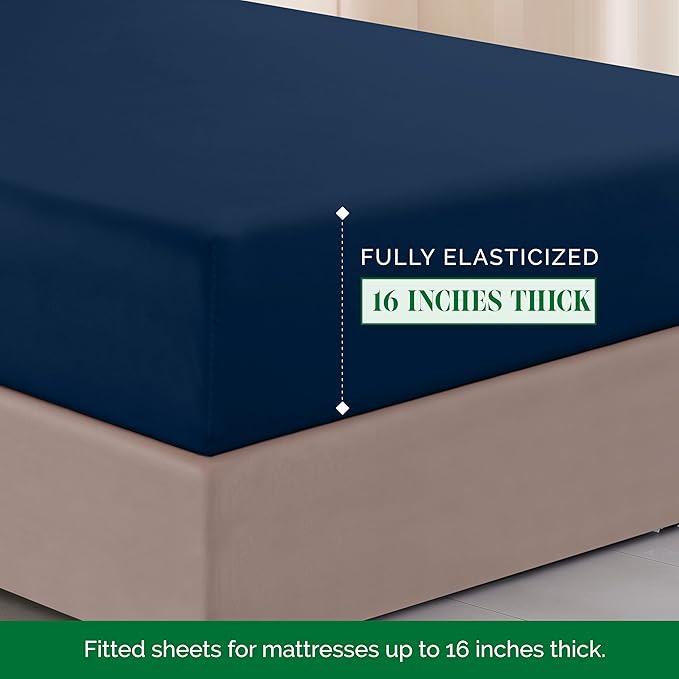 Elegant Comfort Luxurious 1500 Premium Hotel Quality Microfiber Three Line Embroidered Softest 4-Piece Bed Sheet Set, Wrinkle and Fade Resistant, King, Navy Blue