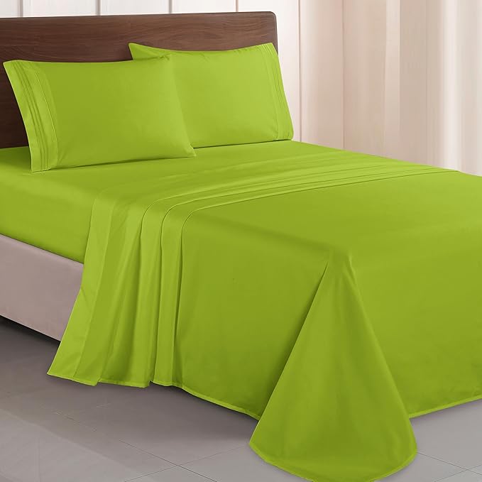 Elegant Comfort Luxurious 1500 Premium Hotel Quality Microfiber Three Line Embroidered Softest 4-Piece Bed Sheet Set, Wrinkle and Fade Resistant, Full, Lime