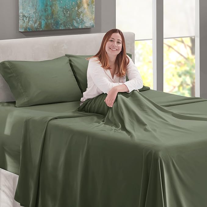 Nestl King Size Sheet Set, 4 Piece Extra Deep Pocket (18-24 inches), Microfiber, Hotel Luxury, Soft, Breathable, Wrinkle-Free, Easy to Care, Olive Green
