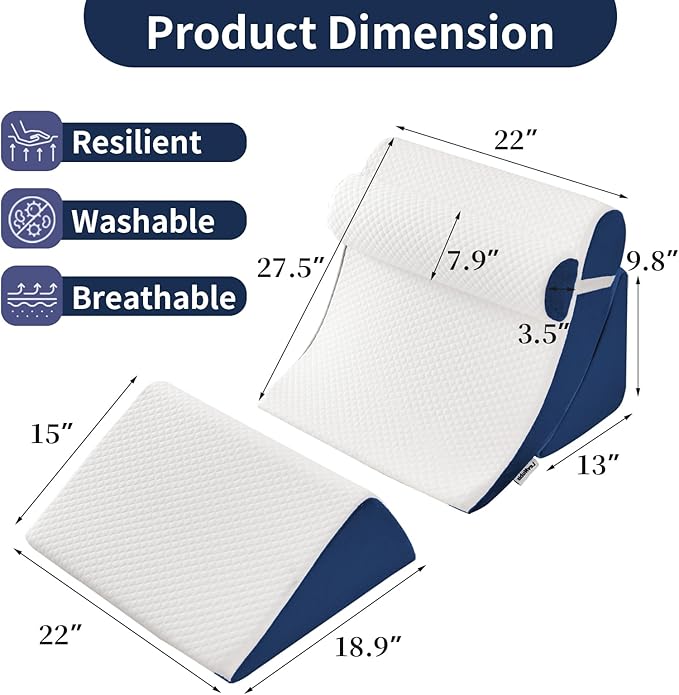 4PCS Orthopedic Bed Wedge Pillow Set for Post Surgery & Pain Relief, Adjustable Wedge Pillow for Back, Acid Reflux,Sitting up in Bed,Recovery, Snoring, Body Pillow for Sleeping (White/Navy)