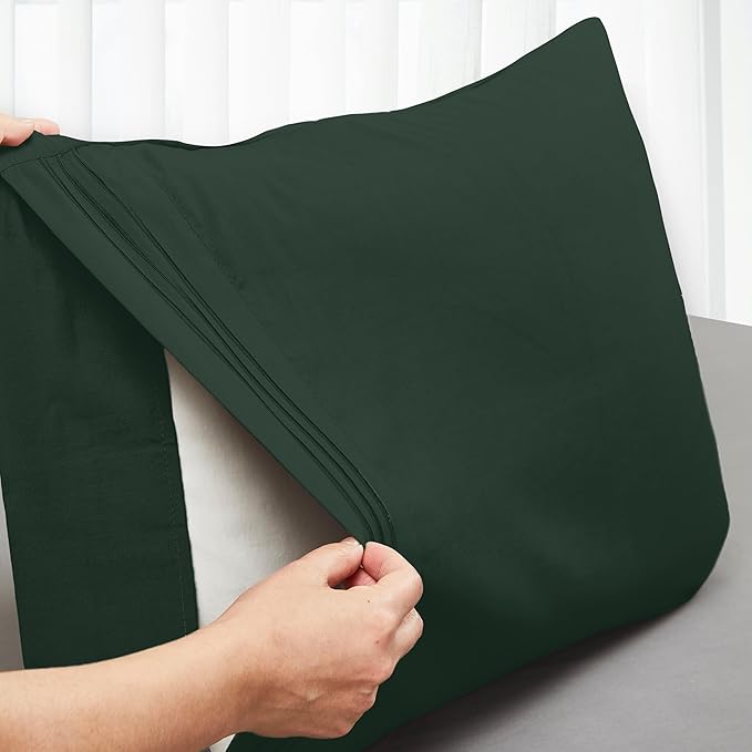 Mocassi 2-Piece Premium King Pillowcase Set 1800 Series Hotel Quality Microfiber - Soft and Breathable with 3-Line Embroidery Wrinkle and Stain Resistant, Easy Care, 20" x 40", Forest Green