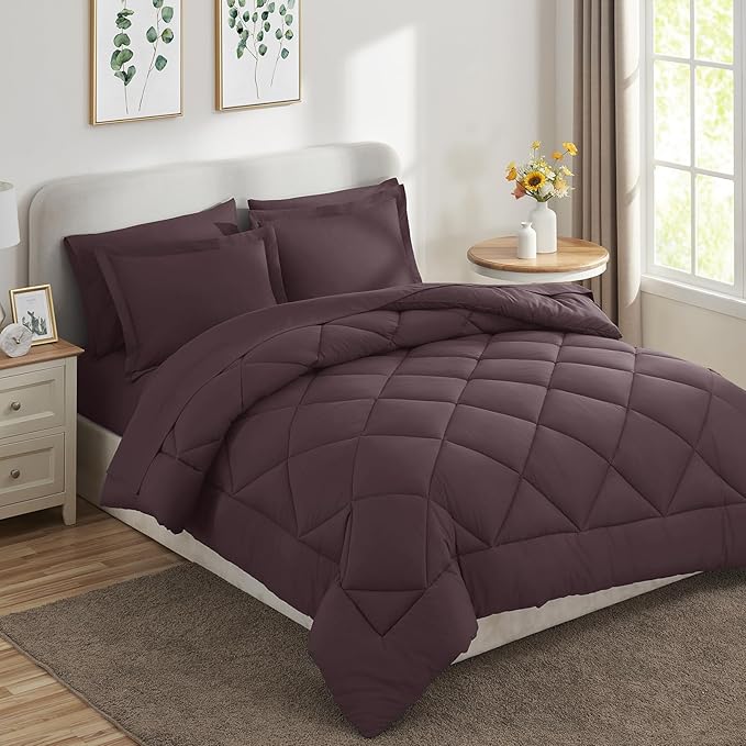 CozyLux Oversized Queen Comforter Set Cocoa Powder - 7 Pieces Bed in a Bag Comforter Set with Sheets, Luxury Soft Bed Set, Bedding Set with Down Alternative Comforter, Sheets, Pillowcases & Shams