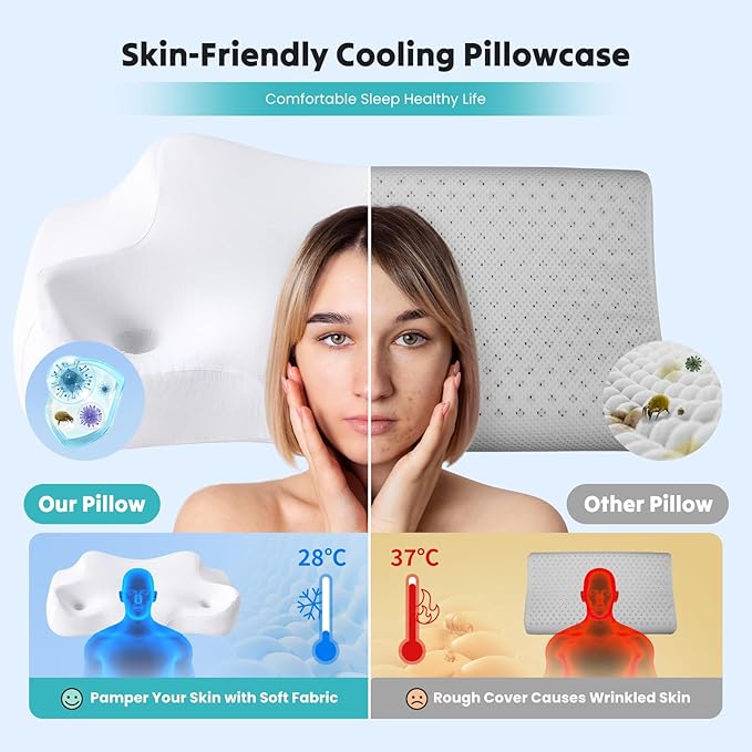DUMOS Cervical Neck Pillow for Sleeping, Cooling Ergonomic Memory Foam Pillow with Arm Rest Slot and Ice Silk Pillowcase, Dual Height Orthopedic Support Contour for Side, Back, Stomach Sleepers