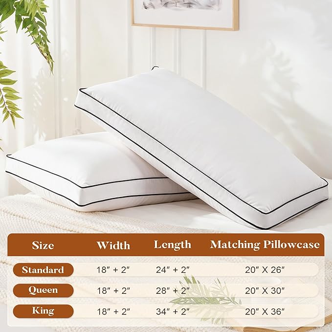 Feather Down Pillows Queen Size Set of 2, Hotel Collection Bed Pillows 2 Pack, Medium Firm Pillow for Side, Back or Stomach Sleepers, Downproof, Gusset Design 20x30 in.