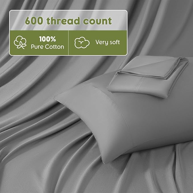 SONORO KATE 100% Egyptian Cotton Sheets King Size - 600 Thread Count, Luxury Hotel Sateen Weave Bedding Set, Soft Breathable Sheet Sets, 16" Deep Pocket - 4 PC(Grey,King)