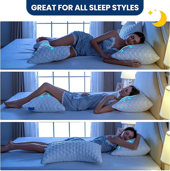Side Sleeper Pillows for Neck & Shoulder Comfort - Ergonomic Curved Crescent Design, Adjustable Shredded Memory Foam, Cooling & Soft Cover, Extra Fill Included, Standard Size