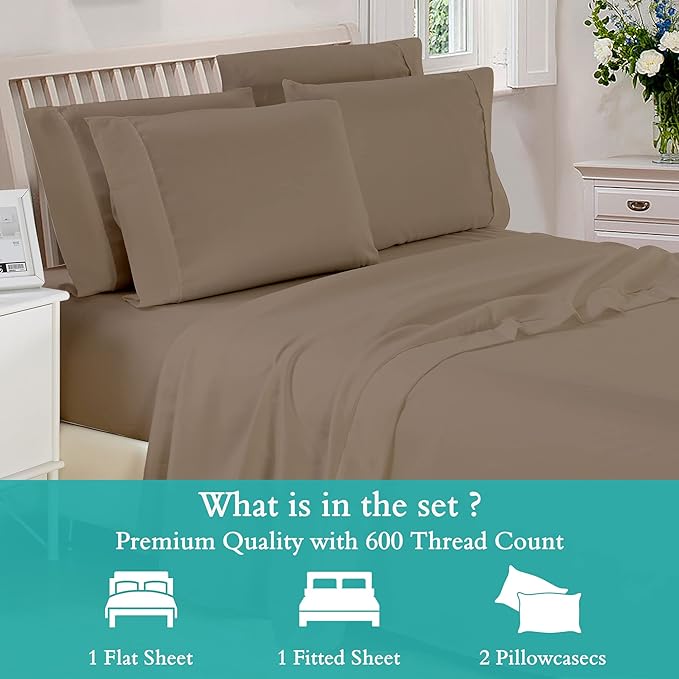 Cal-King 4 Pc Sheet Set 600 TC Sheets Cal-King Size Cotton Sheets for Cal-King Size Bed Sateen Long Staple Deep Pockets Flat Fitted Pillow Case Better Than Percale Hotel Quality Taupe